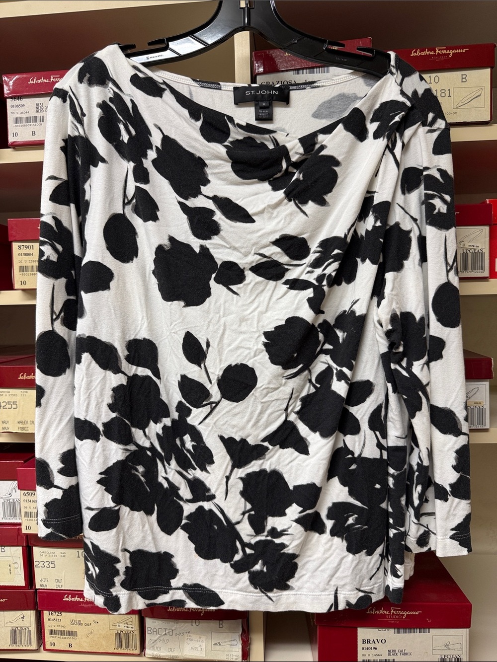 St. John Black & White Floral Drape Neck Long Sleeve Top